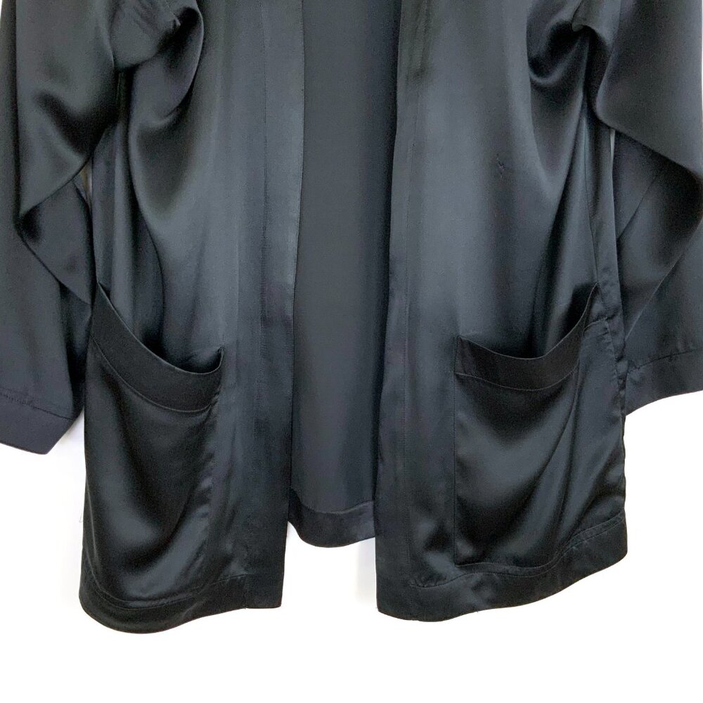 Black Satin Silk Open-Front Jacket Kimono-Style Robe Sz M - Picture 8 of 16